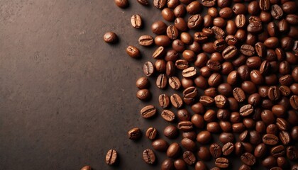 Roasted coffee beans arranged on brown textured background. Top down view of coffee grains. Fresh aromatic coffee is scattered over the surface. Dark brown food background design