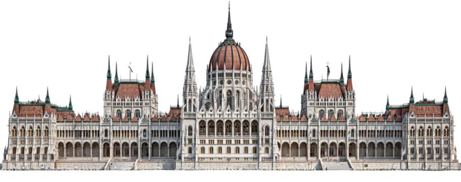 Wide shot of a large, ornate European parliament building