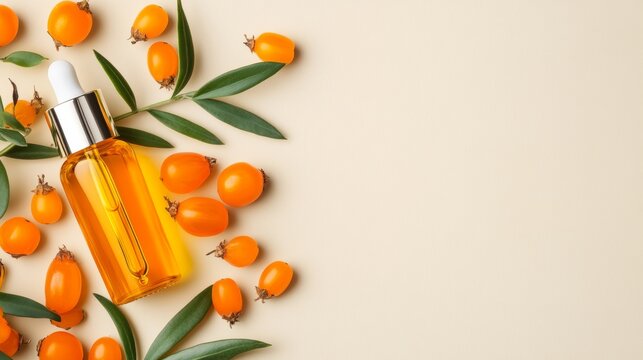 Sea buckthorn oil in a glass dropper bottle surrounded by vibrant orange berries and green leaves - Powered by Adobe