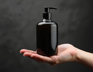 Dark amber glass bottle with pump dispenser held in hand against textured dark background. Minimalist style product for apothecary, cosmetic or skincare brands.