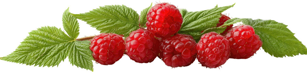 Cluster of ripe raspberries with leaves