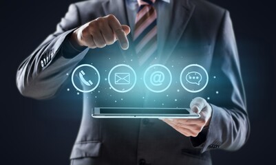 contact customer support icons in business hands