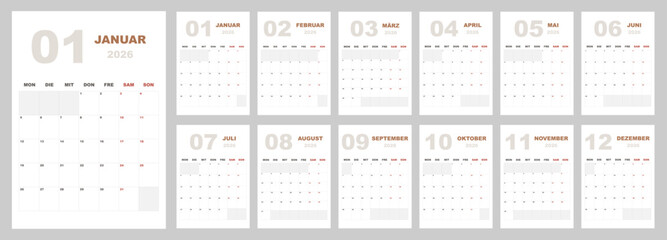 German 2026 year calendar template set layout vertical pages start on Monday. Clean design annual planer deutsch Kalender