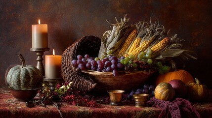Rustic still life with candles and harvest vegetables on wooden table, warm autumn aesthetic evoking Thanksgiving and seasonal coziness
