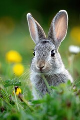 Fototapeta premium Cute rabbit among colorful wildflowers