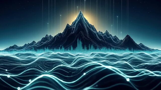 Majestic mountain peak illuminates in a glowing abstract realm Flowing lines evoke energy and data creating a powerful visual metaphor