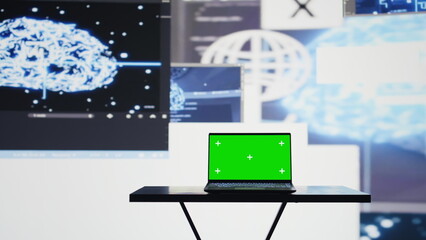 Surrounded by digital data and AI brain systems, laptop showcases isolated mockup on a screen. Automation platforms and cloud computing ensures modern strategy and innovation. Camera B.