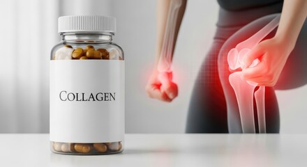 Bottle of collagen pills near a person holding their knee showing joint pain and inflammation highlighted with red color, emphasizing health and wellness.
