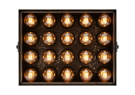 Vintage industrial marquee sign featuring an array of warm glowing Edison-style light bulbs on a distressed dark metal panel, providing classic retro illumination