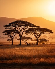 Single acacia tree standing tall in golden savanna during sunset, warm African landscape representing solitude, freedom, and timeless nature