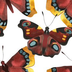 Peacock butterfly, Morning cloak or Nymphalis antiopa. Seamless watercolor pattern for printing on fabric, textiles, wrapping paper, bags, notebooks and notepads.