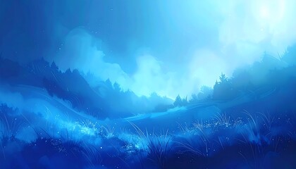 A serene landscape painting capturing a misty blue world. Rolling hills meet a treeline under a bright sky. Delicate grass and flowers in the foreground