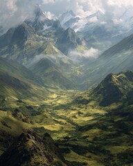 Majestic mountain landscape with green valleys under dynamic cloudy sky, dramatic natural scenery perfect for travel and editorial photography
