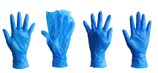 Four blue disposable gloves, isolated on black