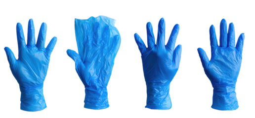 Four blue disposable gloves, isolated on black
