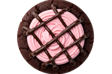 Delicious chocolate cookie with pink frosting and chocolate drizzle isolated on transparent background