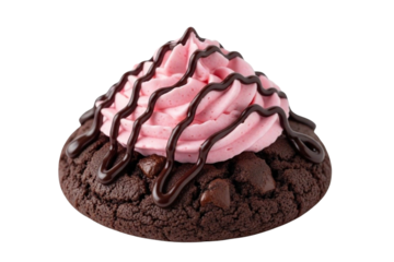 Decadent chocolate donut with pink frosting and chocolate drizzle isolated on transparent background
