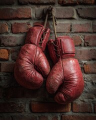 Weathered red boxing gloves hanging on rustic brick wall, evocative sports imagery reflecting perseverance, tradition, and the raw character of combat training