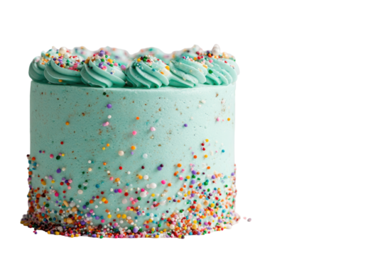 Light teal cake frosted with swirls and sprinkles
