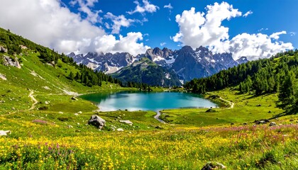 A scenic view of lake surrounded by lush green hills and distant mountains under a cloudy blue sky