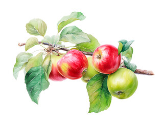 Watercolor branch with red and green apples, botanical illustration, isolated on white