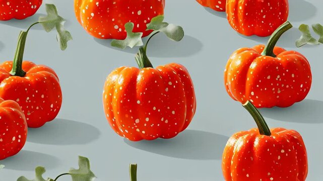 Vibrant orange pumpkins with speckled textures are arranged artistically against a soft blue background, showcasing their unique shapes and colors, camera pans across the scene to reveal depth and det