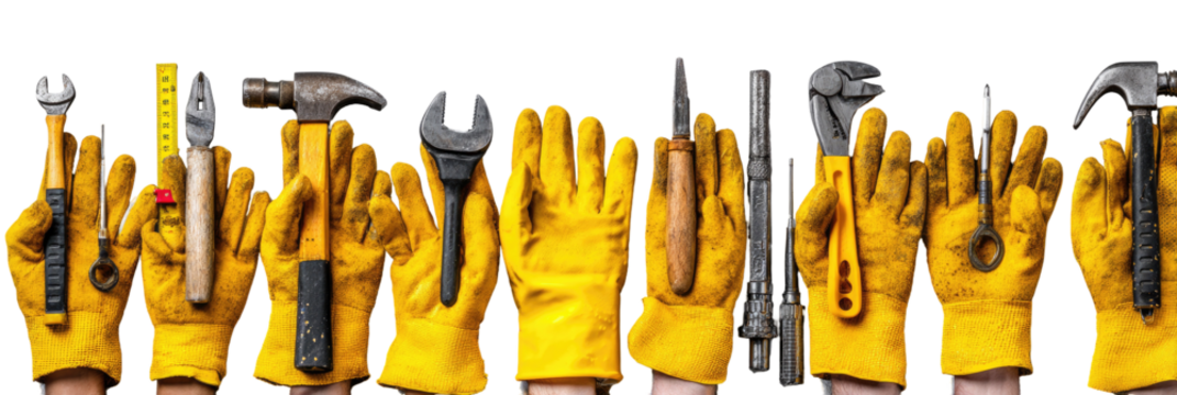 Hands in yellow work gloves holding various tools against a black background