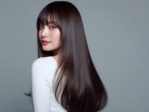 滑らかで艶やかなロングヘアの女性ポートレート落ち着いたグレー背景で上品さを際立たせた写真