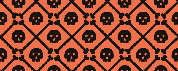 Skulls and cross bones seamless pattern vector illustration. Halloween repeated tile ornament. Holiday design for textile, fabric, packaging, background.