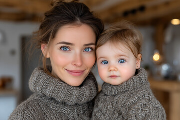 Close-up of a smiling young caucasian mother and her baby daughter with bright blue eyes wearing matching chunky grey wool turtleneck sweaters in a cozy home environment, mother and child