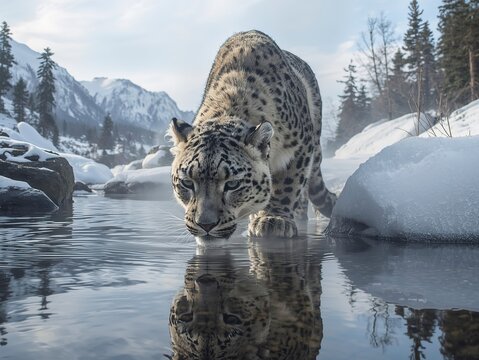 Majestic snow leopard cautiously drinks from icy mountain stream, its reflection shimmering on the water's surface against a backdrop of snowy peaks and evergreen forest - Powered by Adobe