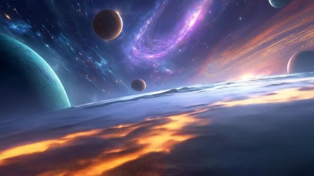 Cosmic scene of planets and nebulas in a vibrant universe background