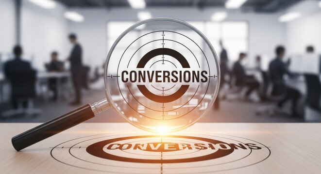 Magnifying glass highlighting the word conversions in a modern office environment.