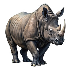 Obraz premium Illustration of majestic rhinoceros standing tall, its powerful form captured in a detailed illustration, showcasing its strength and unique features isolated on transparent background