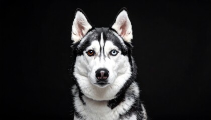 Obraz premium A stunning portrait of a dog with striking bi-colored eyes and fluffy black and white fur against a solid black backdrop