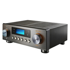 Fototapeta premium Illustration of studio shot of a stereo amplifier isolated on transparent background, showcasing its sleek design, knobs, buttons, and display screen for audio enthusiasts