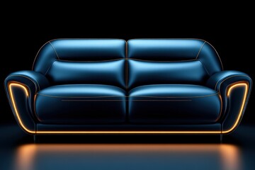 Futuristic blue leather sofa showcasing modern design with sleek lines and glowing orange neon effect
