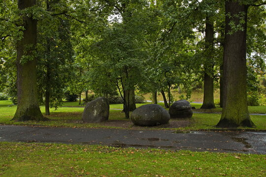 Big boulders in the public park in Milevsko, P&iacute;sek District, South Bohemian Region, Czech Republic, Europe
