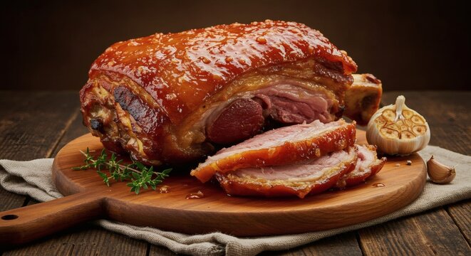 Pernil Roasted Pork Leg with Golden Crispy Skin and Rustic Presentation