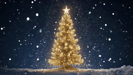 A golden Christmas tree with star topper in a snowy scene against a dark blue background - Powered by Adobe