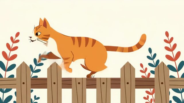 A cute animated ginger cat sitting on a wooden fence. The cartoon tabby jumps off and disappears. Simple 2D character animation with copy space
