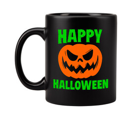Black mug with scary pumpkin face and Happy Halloween text in green and orange, isolated on transparent background
