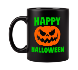 Black mug with scary pumpkin face and Happy Halloween text in green and orange, isolated on transparent background
