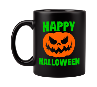 Black mug with scary pumpkin face and Happy Halloween text in green and orange, isolated on transparent background - Powered by Adobe