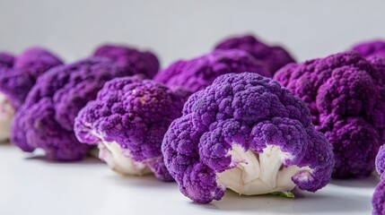 Fresh purple cauliflower arrangement close up on white background