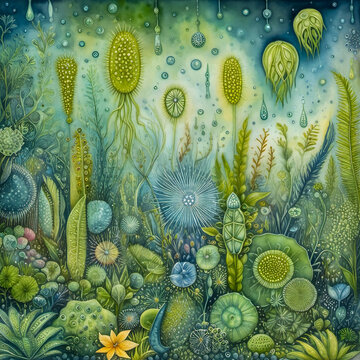 Abstract Watercolor Illustration of A lush microecosystem with euglena, diatoms, and dinoflagellates depicted as delicate plants and flowers in an imaginary undermicroscope world.