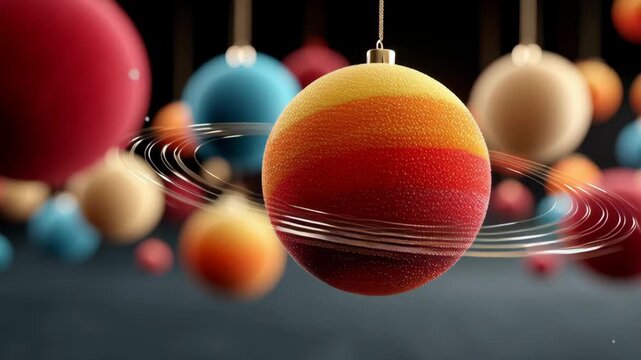 Colorful planet ornament with vibrant textures and swirling rings, captured in a dynamic motion sequence, showcasing gradual rotation and depth, creating an engaging visual experience