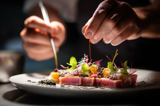 Chef artistically plating seared tuna with microgreens, sauces, and vibrant garnishes on white plate, showcasing fine dining craftsmanship and modern gourmet culinary presentation