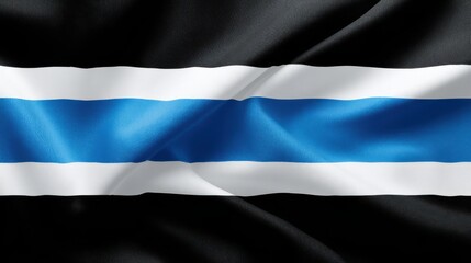 Close up of a blue stripe on a black textured fabric background