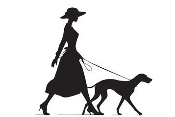 poised woman in dress and hat walks her dog gracefully along path. black silhouette on white background captures calm, highlighting leisurely moments in fashionable strolling